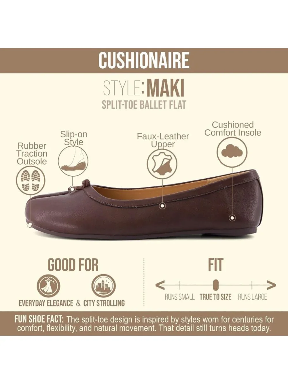 Women's Coffee Rubber Split Toe Ballet Flats Flexible Sole Comfort Slip On Shoes